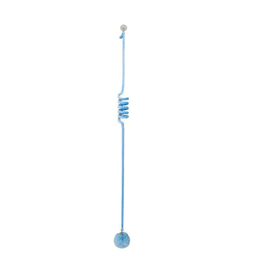 Hanging cat toy with colourful spring bell stick and inflatable ball attached to clear suction cup