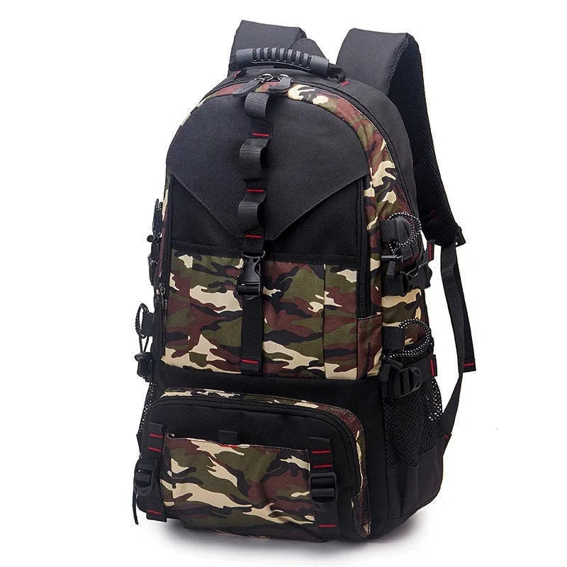Men's large black waterproof oxford cloth hiking backpack with contrast straps and multiple compartments.