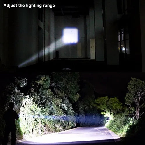 Black aluminium telescopic LED flashlight with zoom adjustment and clip for carrying