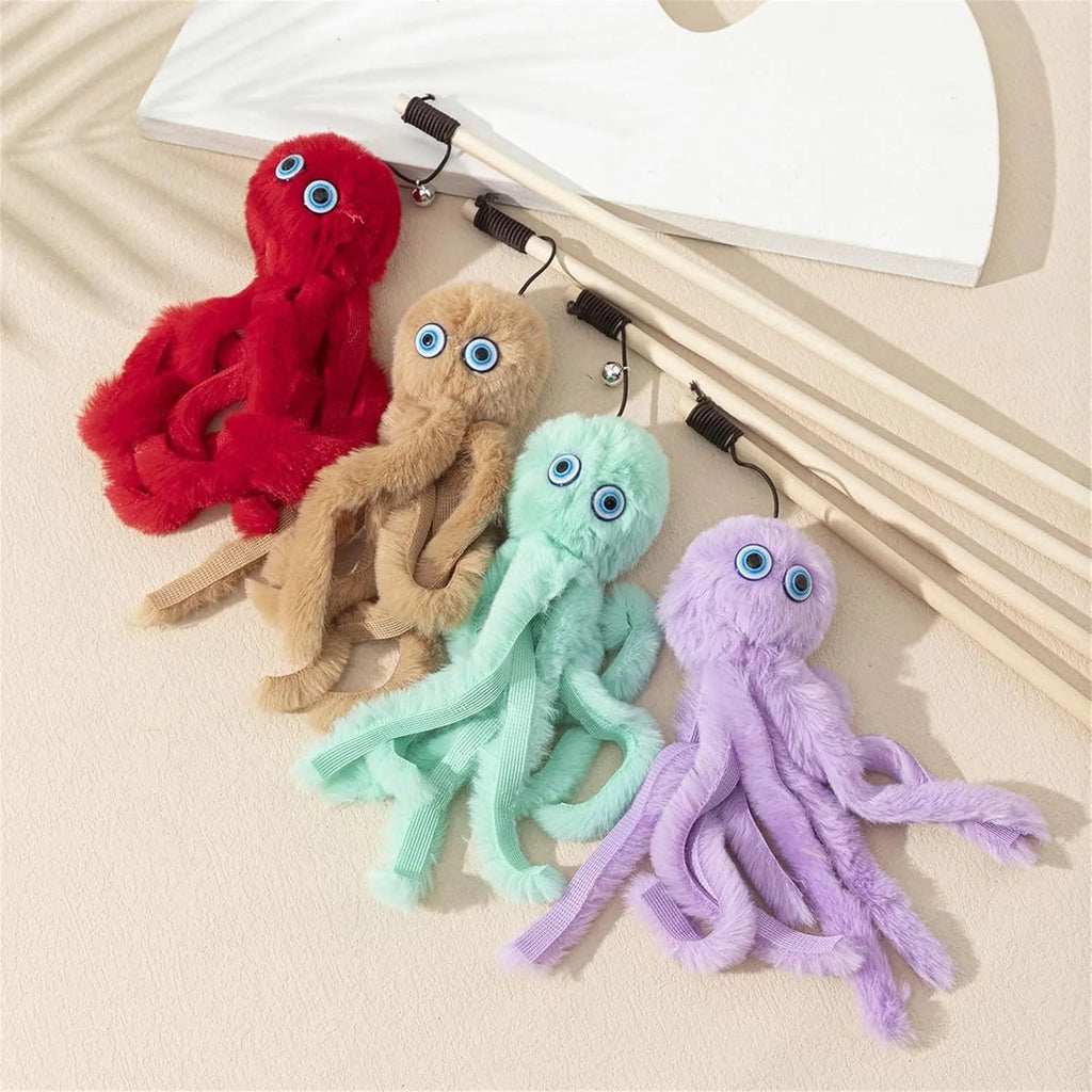 Furry octopus cat toy attached to long stick for interactive indoor play with kittens