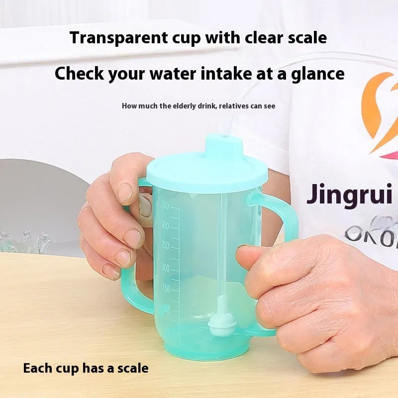 Adult care bed drinking cup with handle and lid, shown in oblique mouth choke proof style