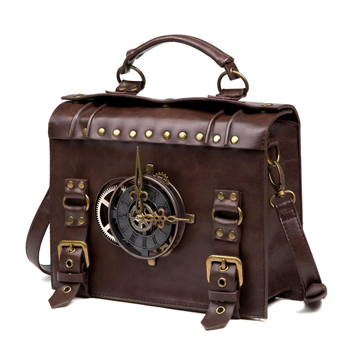 Bronze steampunk industrial retro style shoulder bag with pillow shape and metal hardware accents