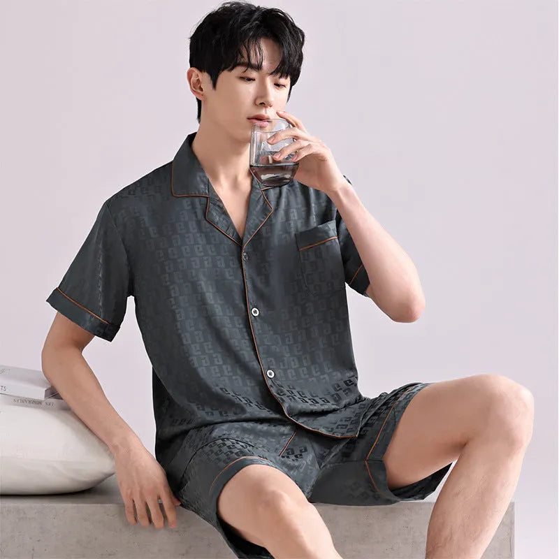 Men's ice silk cardigan pyjama set with shorts in satin jacquard pattern