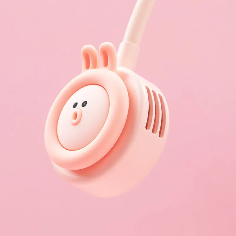 Pink and blue leafless hanging neck fan folded showing USB port and mechanical controls
