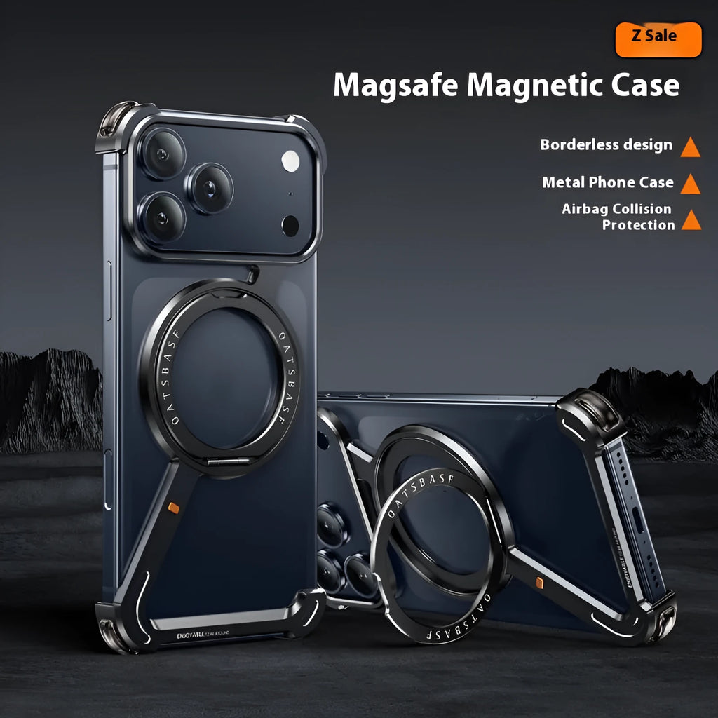Black metal frame iPhone 17 Pro Max case with integrated magnetic bracket on electroplated surface