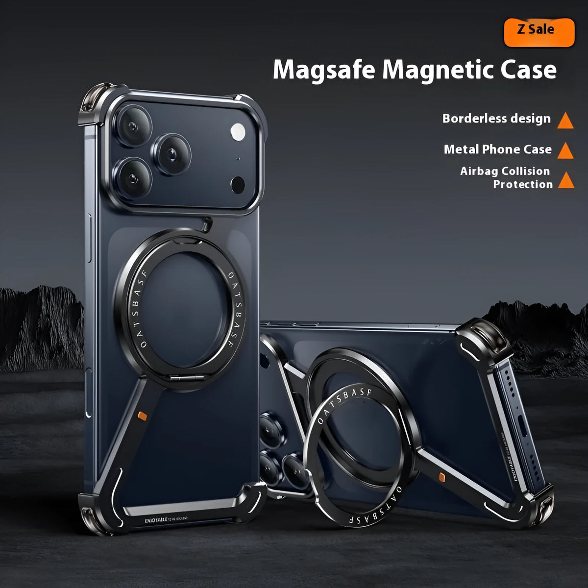 Black metal frame iPhone 17 Pro Max case with integrated magnetic bracket on electroplated surface