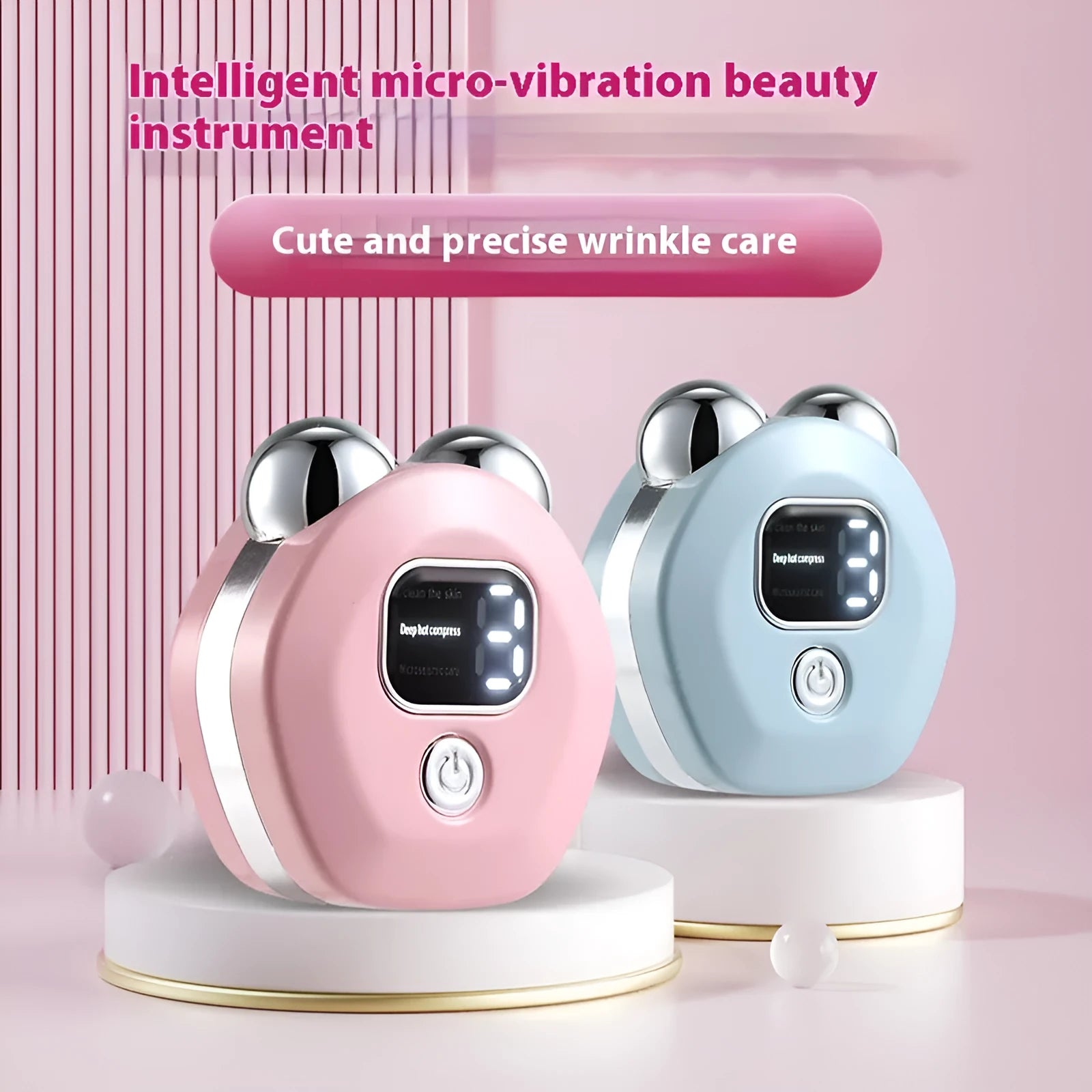 Portable white micro current facial massage instrument with two silver rollers and a USB charging cable