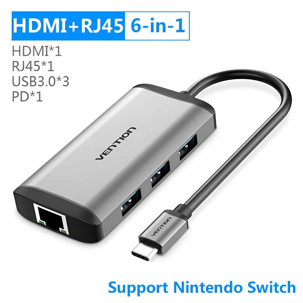 Deep grey USB-C to 6-in-1 hub showing HDMI, USB, Ethernet, SD, and TF card ports on a slim aluminium body.