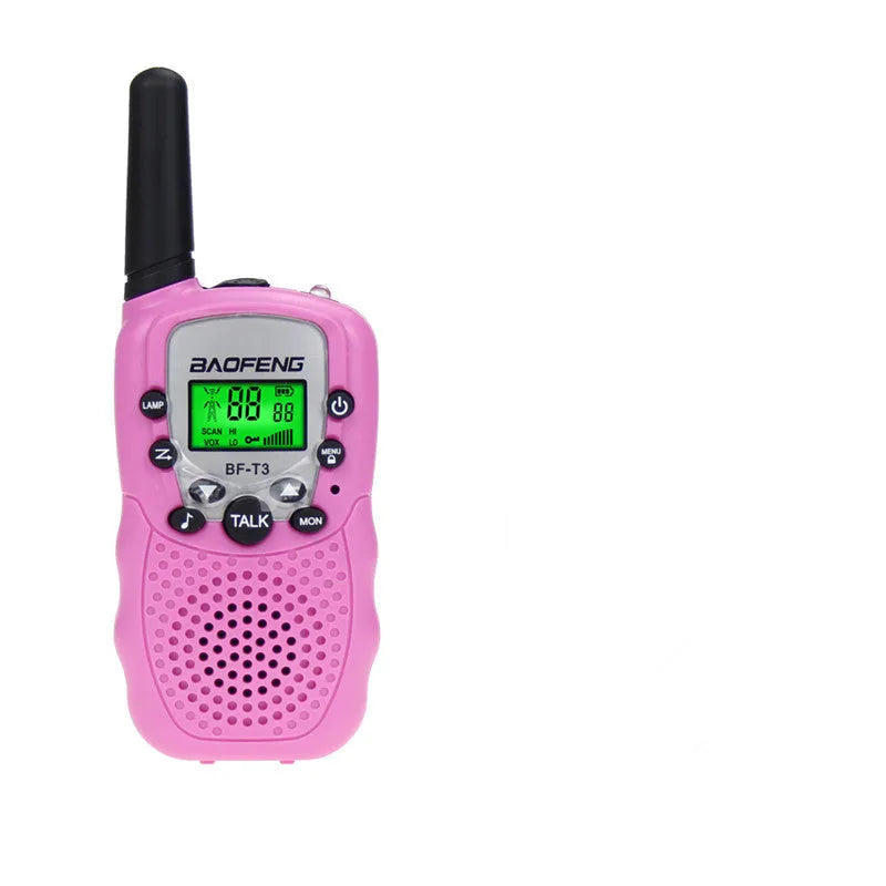 Child holding colourful walkie talkie with antenna extended, showing 22-channel display