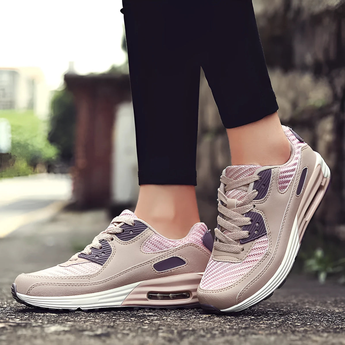 Women's low heel casual shoes in beige orange, grey, and pink purple colours on a sizing chart.