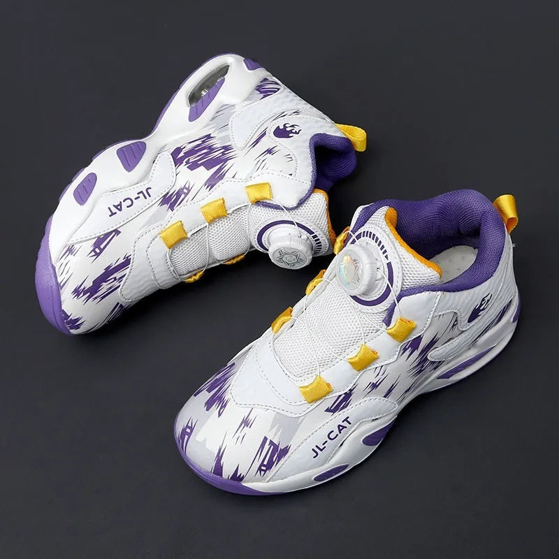 Children's rotating button basketball shoes in multiple colours with waterproof synthetic leather construction