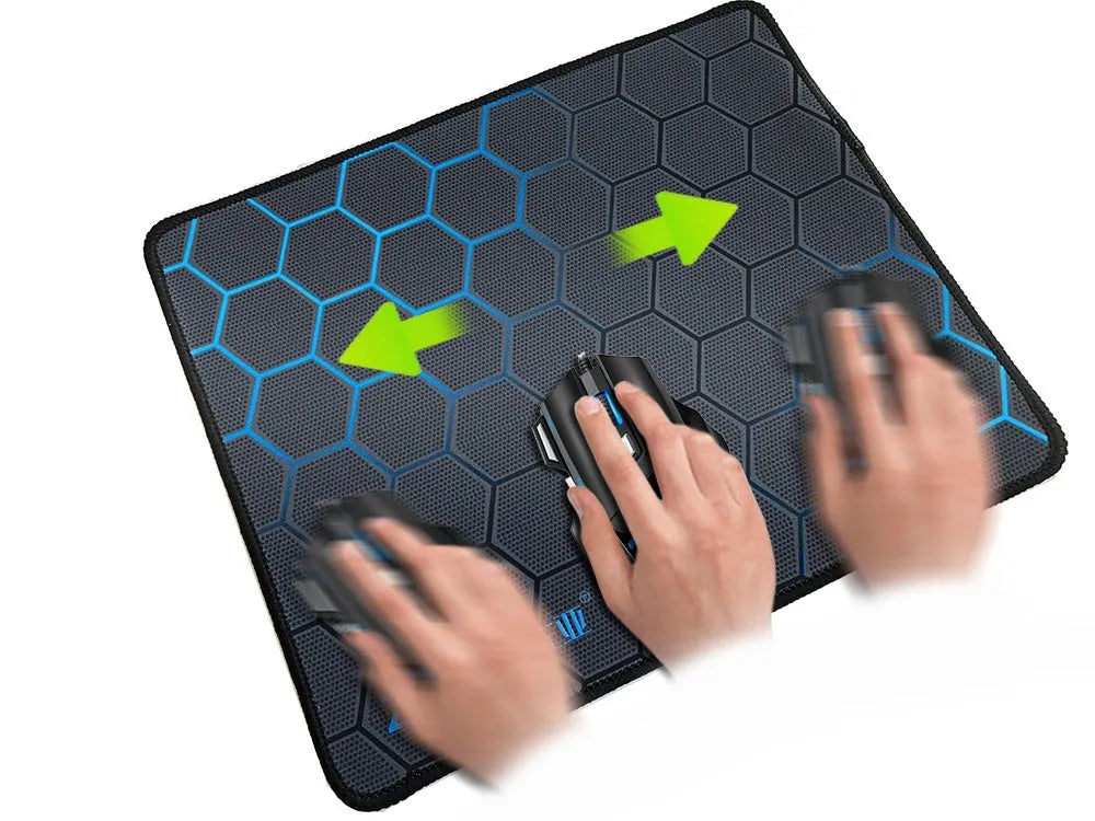 Large grey cloth desk pad with custom cartoon print, showing keyboard and mouse on its non-slip rubber base.