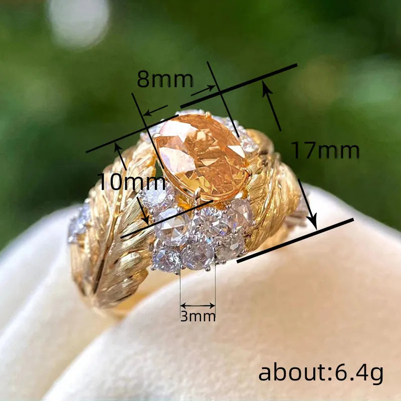 Gold copper feather embossed ring with yellow zircon stones for women