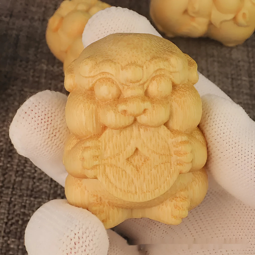 Solid bamboo carving ornament with Take Money motif, natural wood finish, 4.5cm tall.