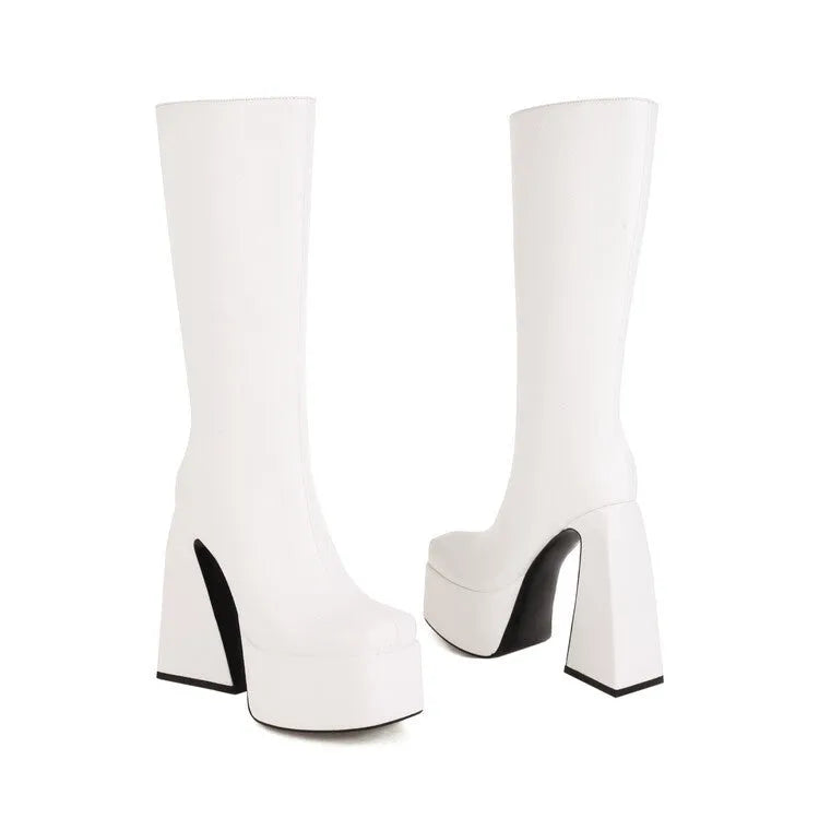 Women's casual high boots in artificial PU leather, shown in black, red, blue, and white colour options