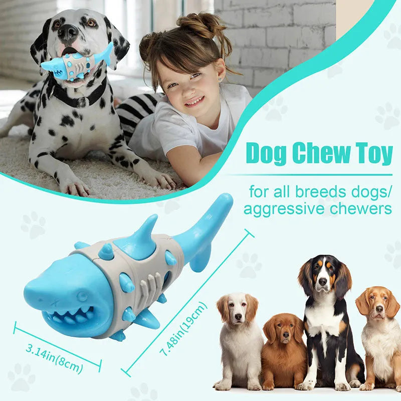 Shark tooth patterned dog chew toy for teething puppies and dental cleaning in blue colour