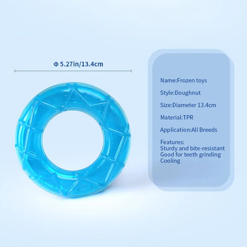 Three water filled dog toys: pacifier, popsicle, and ring shapes for cooling and teething