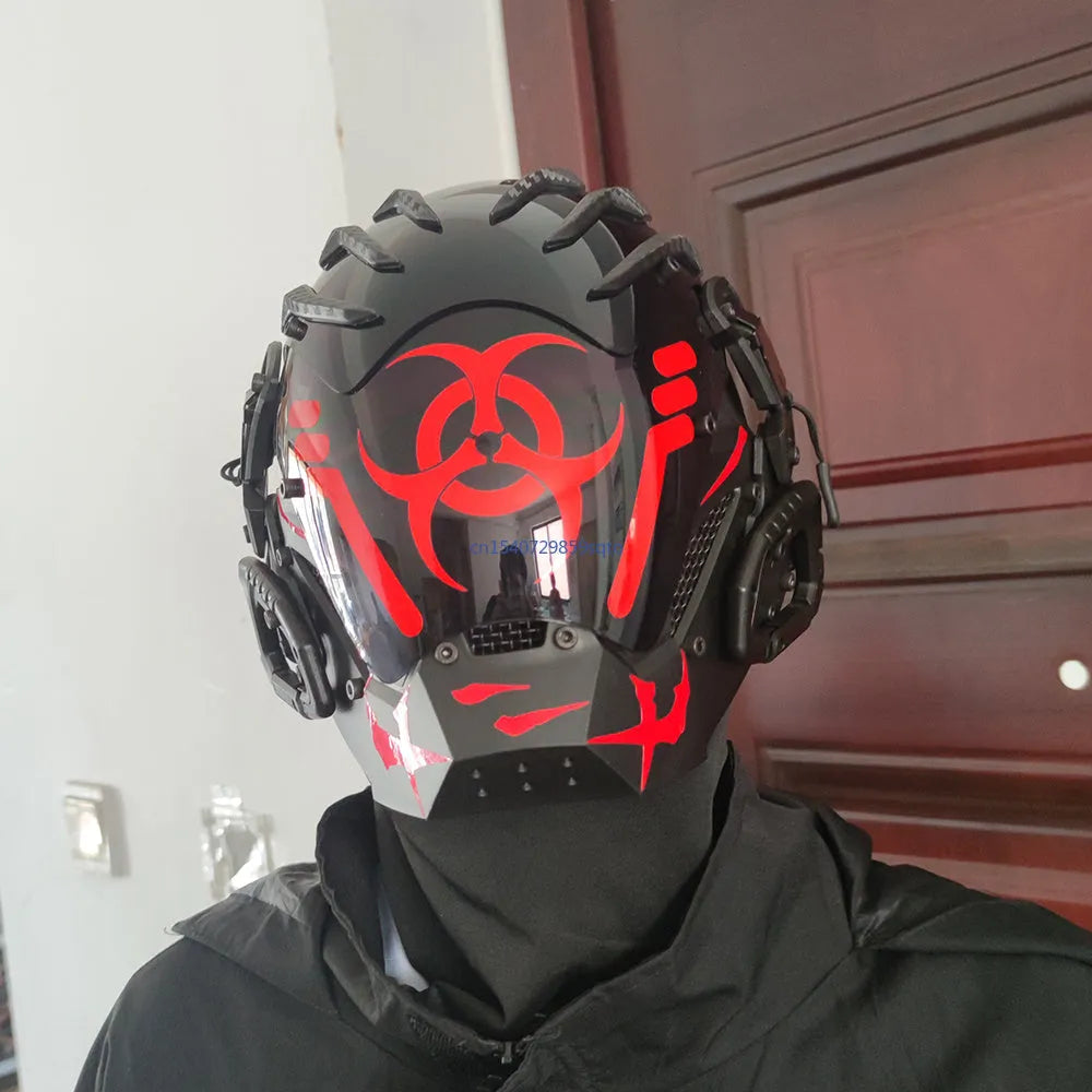 Black cybernetic full face mask prop for adult costume events