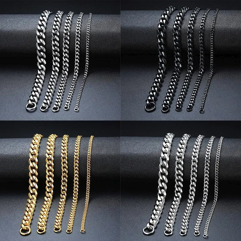Six-sided geometric Cuban link chain bracelet in metal, shown in gold, black, and steel colour finishes.