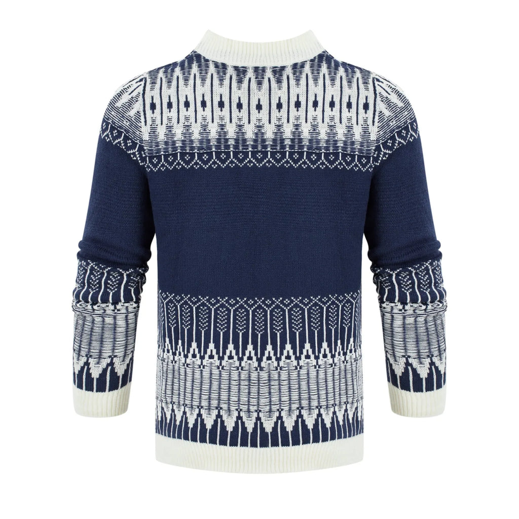Men's grey knitted pullover sweater with crew neck and long sleeves on a hanger.