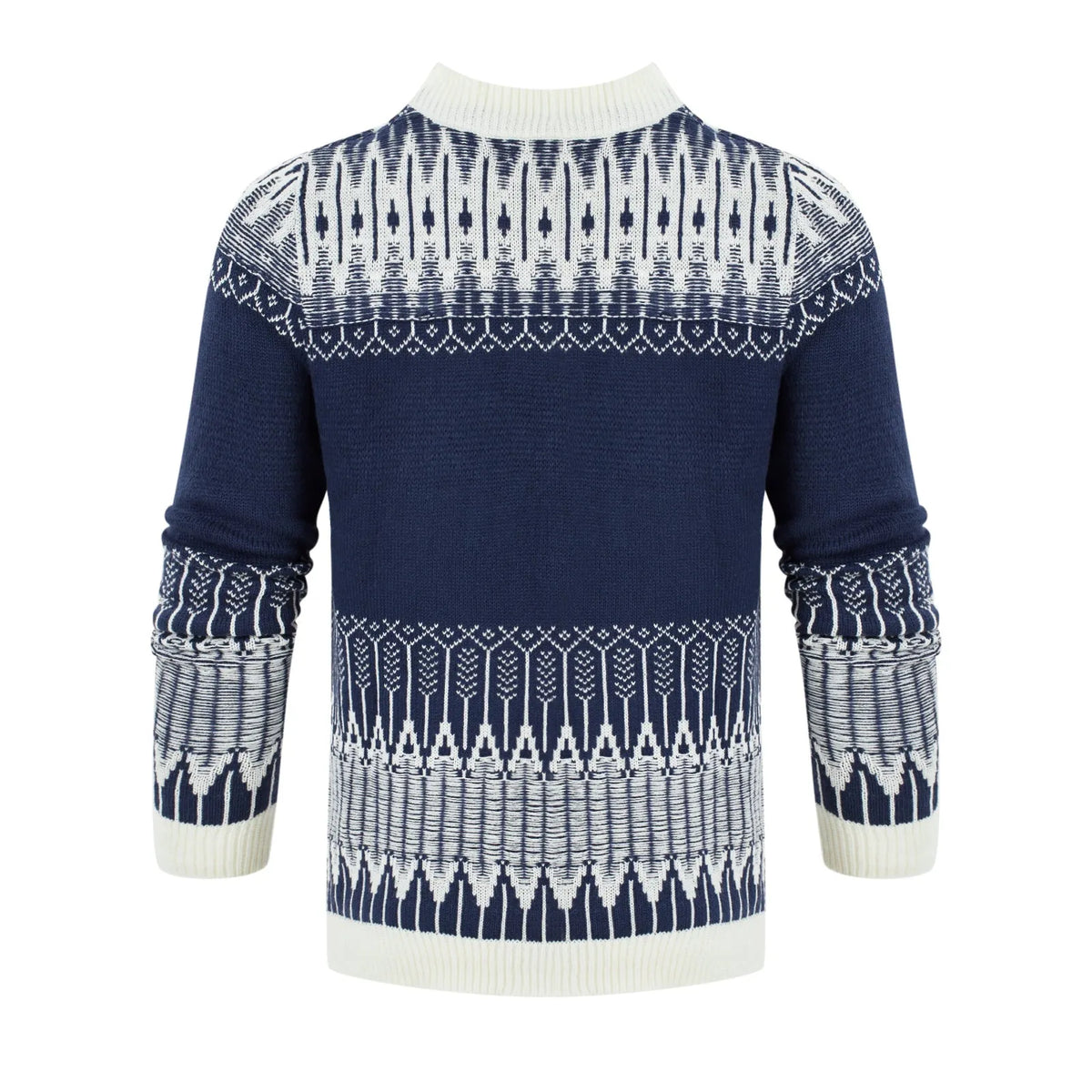Men's grey knitted pullover sweater with crew neck and long sleeves on a hanger.