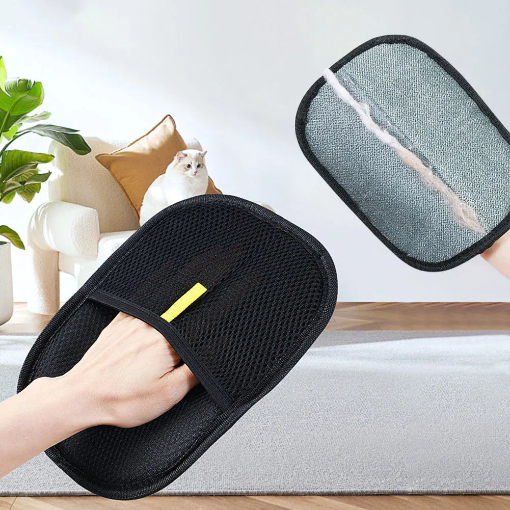 Black pet hair remover mitt with dual-sided silicone bristles for dog and cat grooming