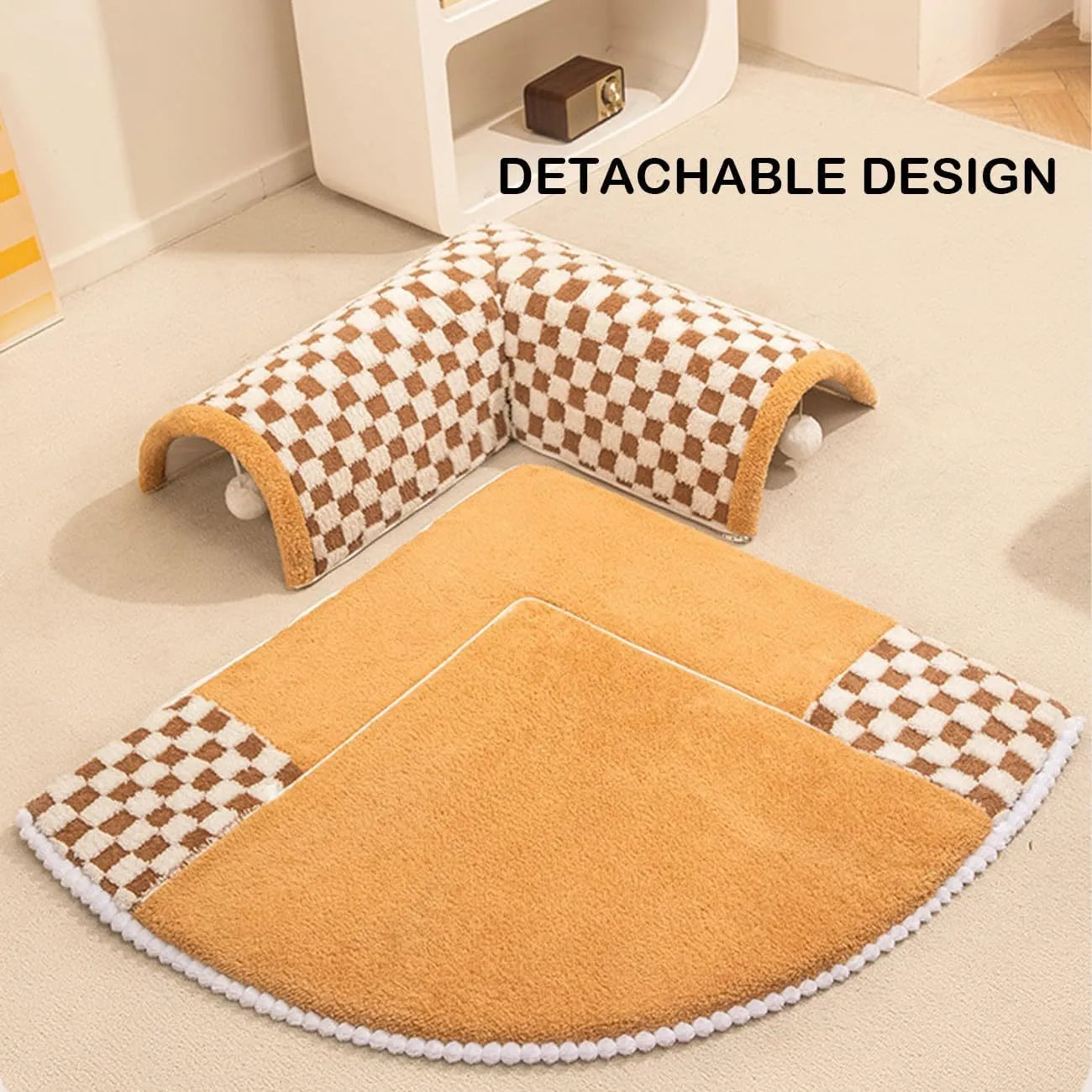Fan-shaped plush pet bed with tunnel in coffee or yellow, XL size 80x80x20cm with anti-slip bottom