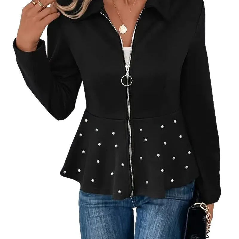 Women's loose fit coat with heavy-duty front zipper and ruffled hem in black, dark red or grey.