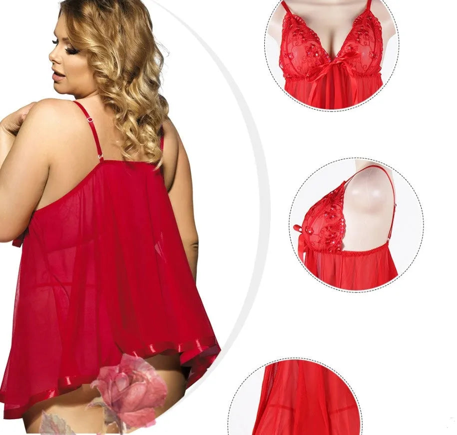 Women's lace sleepdress with mesh detailing in extended sizing up to 6XL