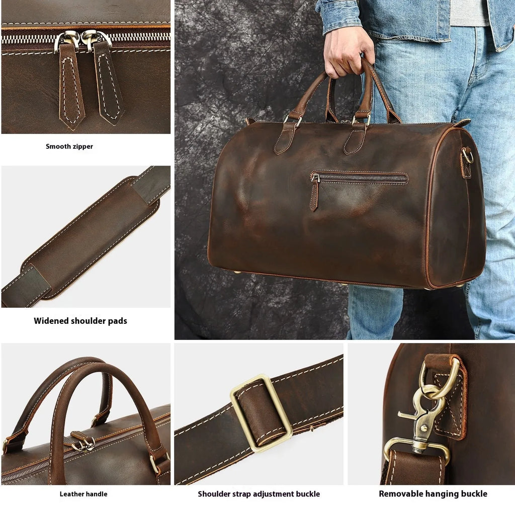 Men's large leather crossbody bag in black with adjustable shoulder strap showing interior polyester cotton lining