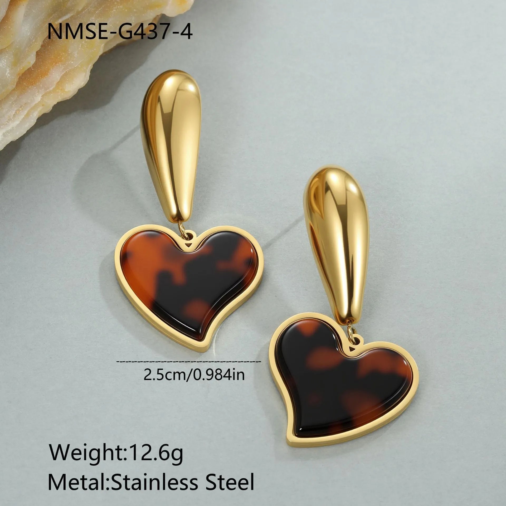 Pair of 18K gold plated stainless steel earrings featuring tortoiseshell resin in heart and flower geometric shapes for women