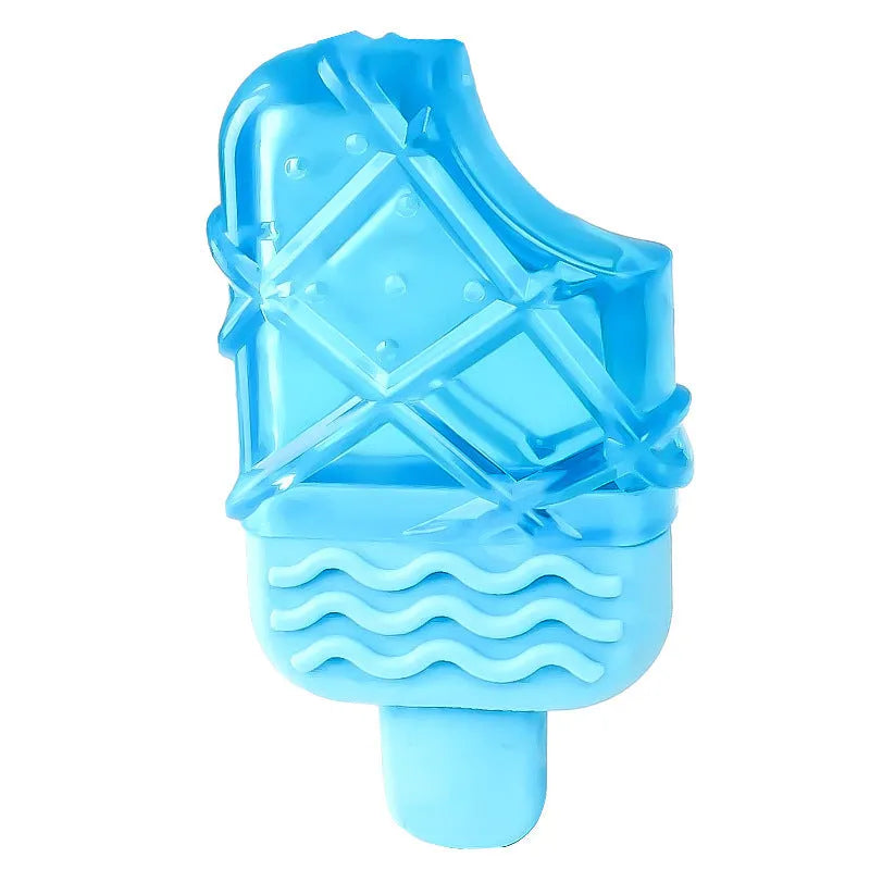 Three water filled dog toys: pacifier, popsicle, and ring shapes for cooling and teething