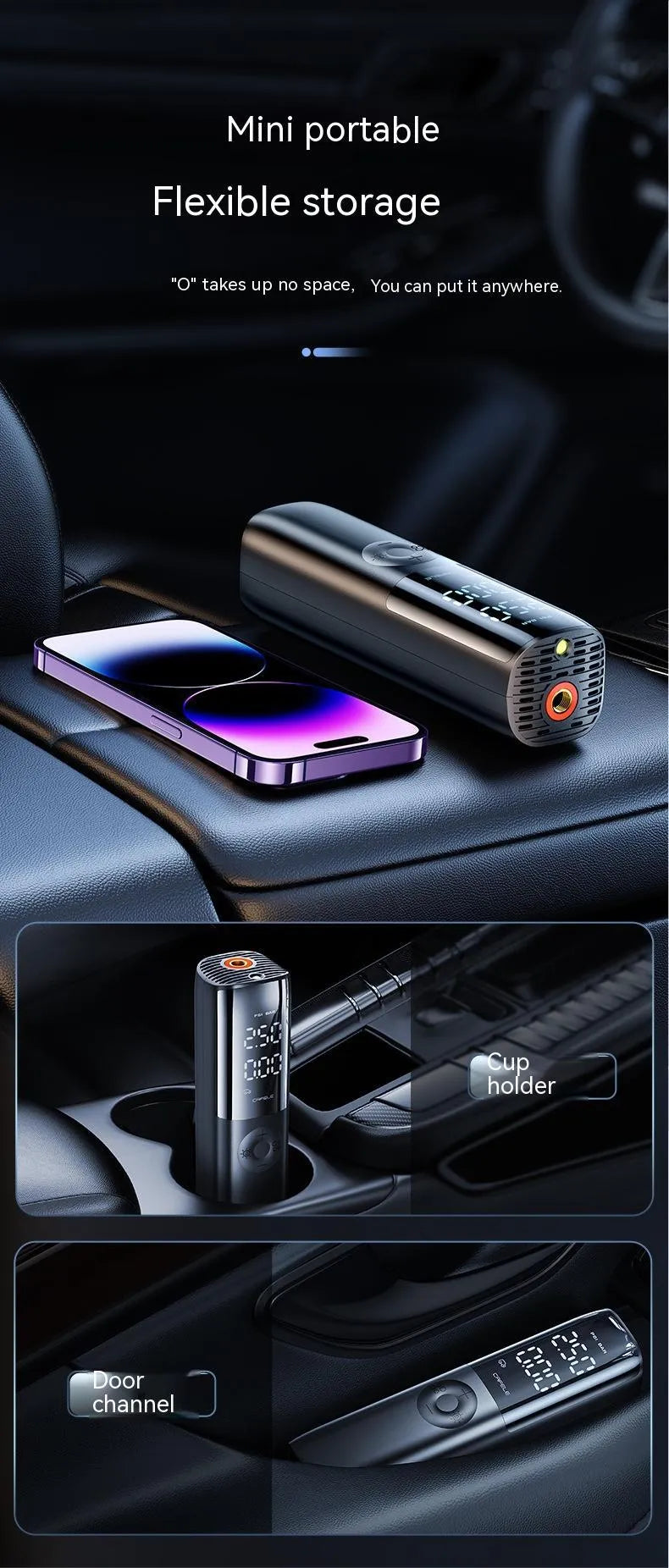 Black portable car air pump with tyre pressure gauge and inflation tube
