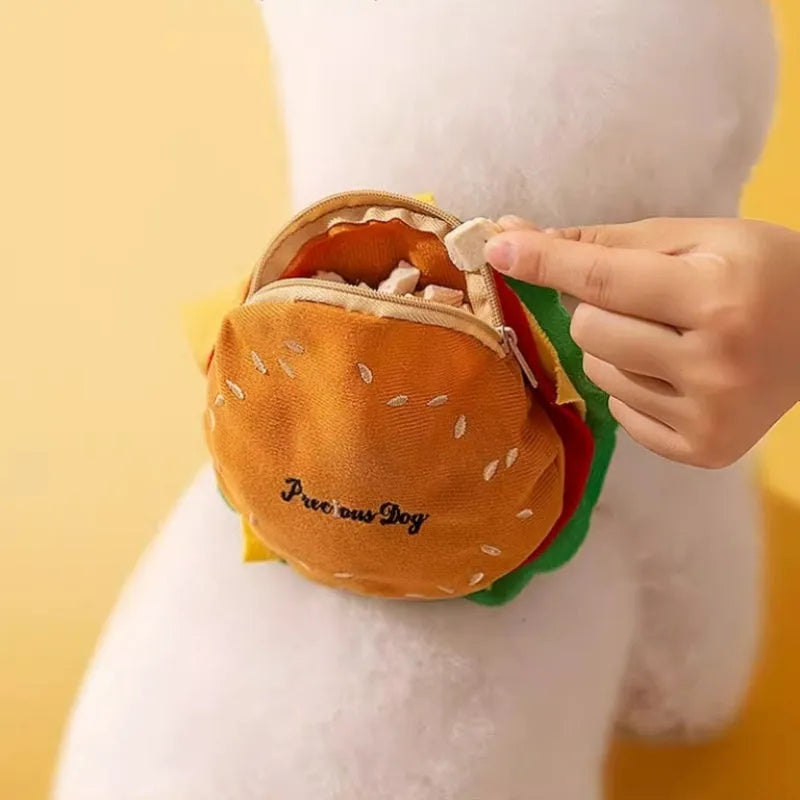 Cartoon hamburger design adjustable escape-proof vest harness and leash for a dog on a walk.