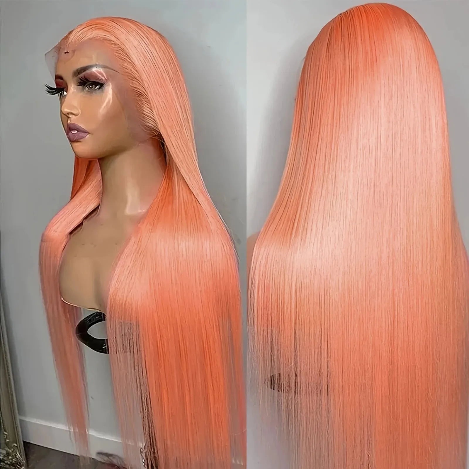 Light orange long straight front lace wig with high-temperature fibre, shown with side bangs styling