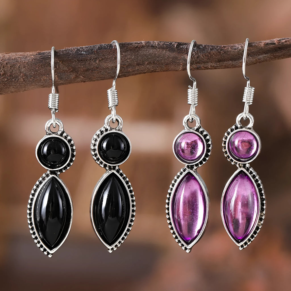 Black and purple vintage geometric drop earrings with round bohemian decorative elements
