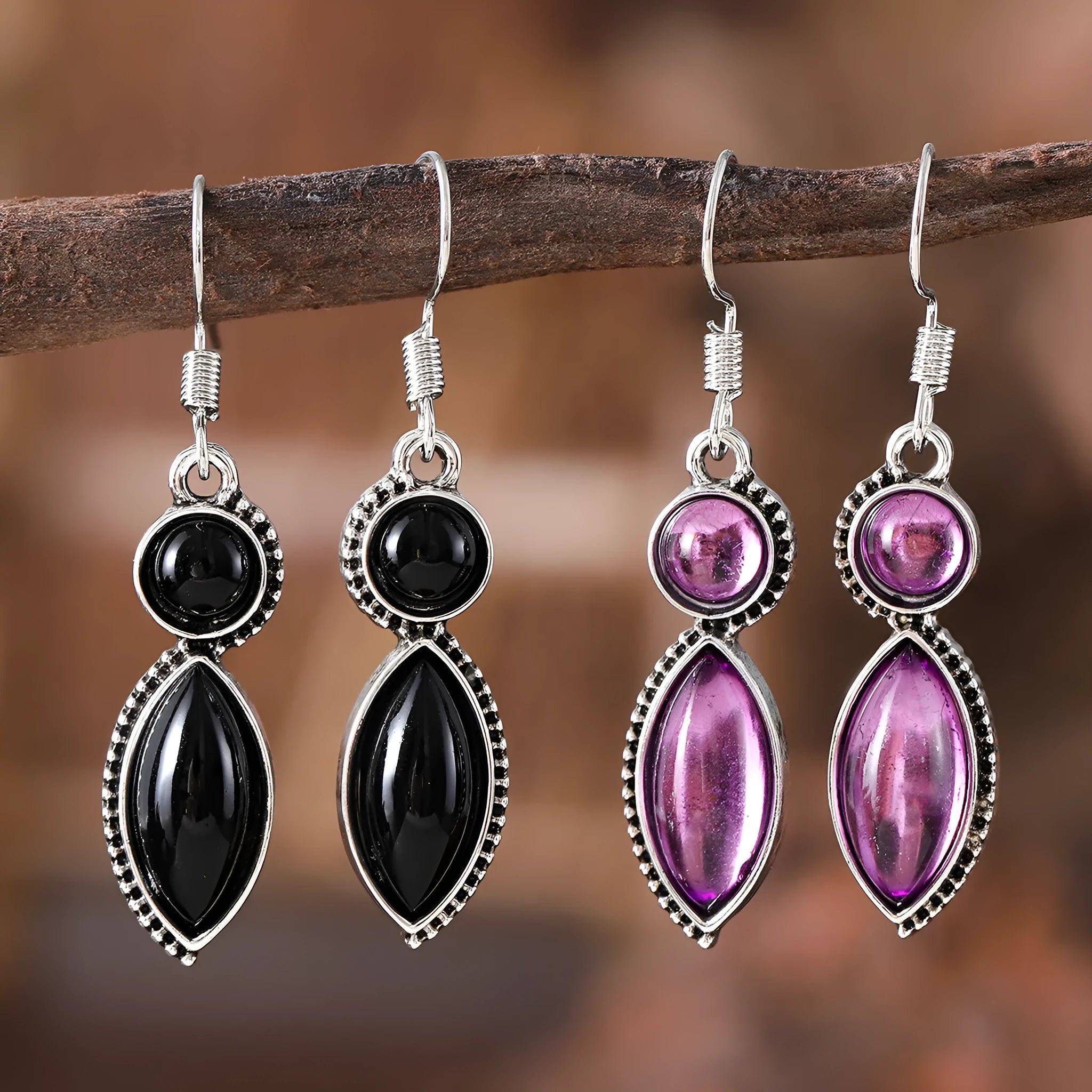 Black and purple vintage geometric drop earrings with round bohemian decorative elements