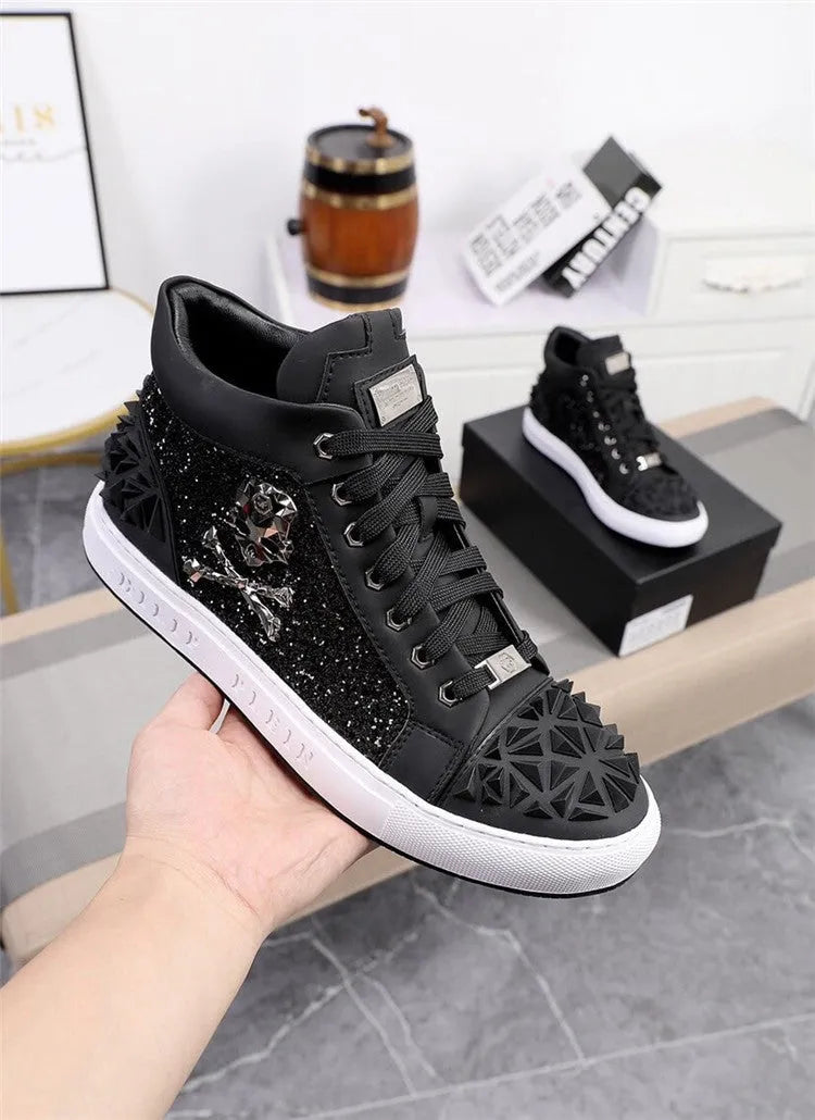 Men's black genuine leather skeleton high top shoes with lace-up front