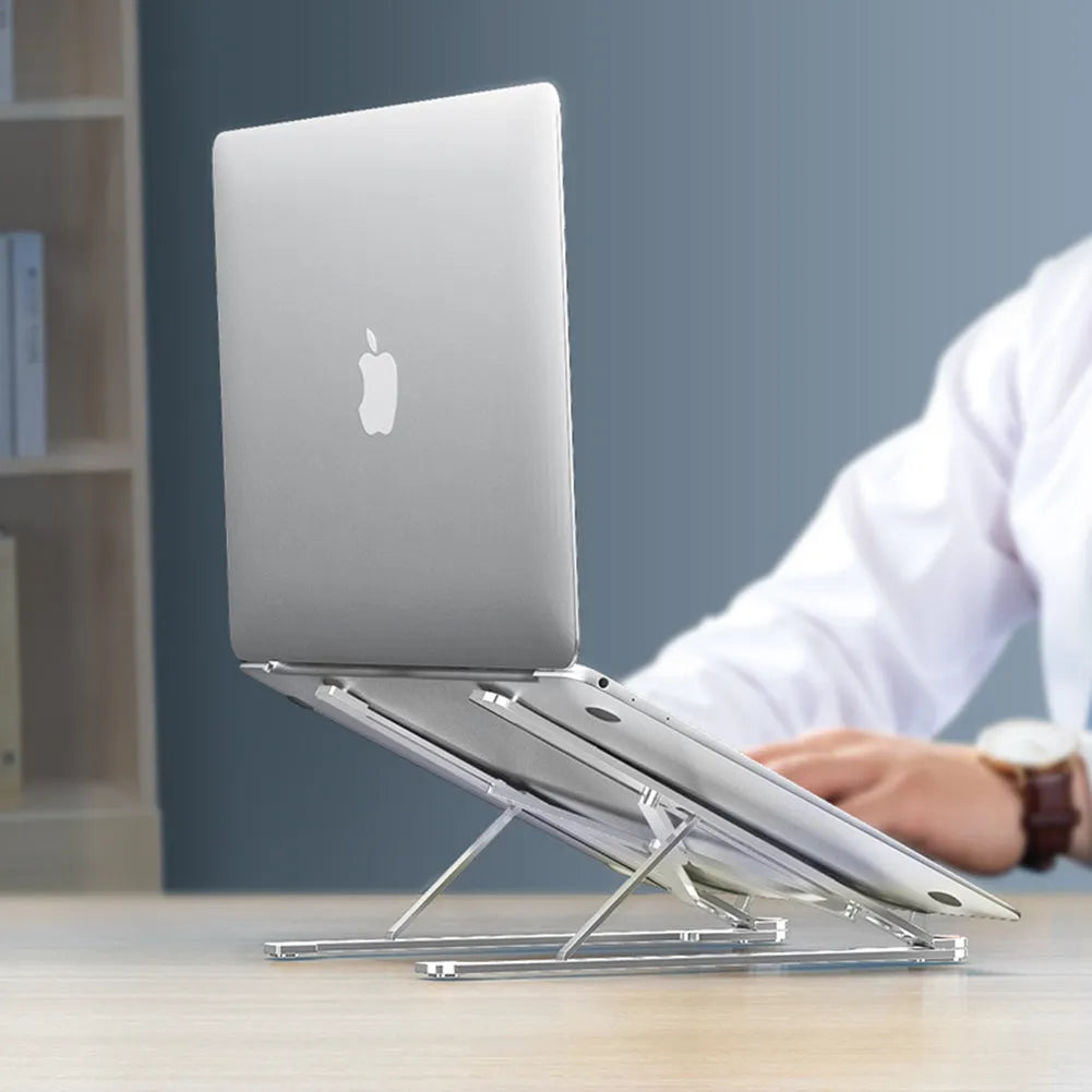 Aluminium laptop stand showing adjustable height mechanism and foldable design