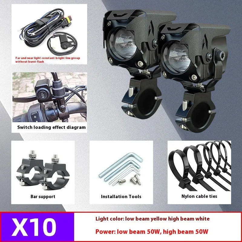 Motorcycle LED spotlight kit showing lights, wireless remote switch, mounting brackets, and wiring components