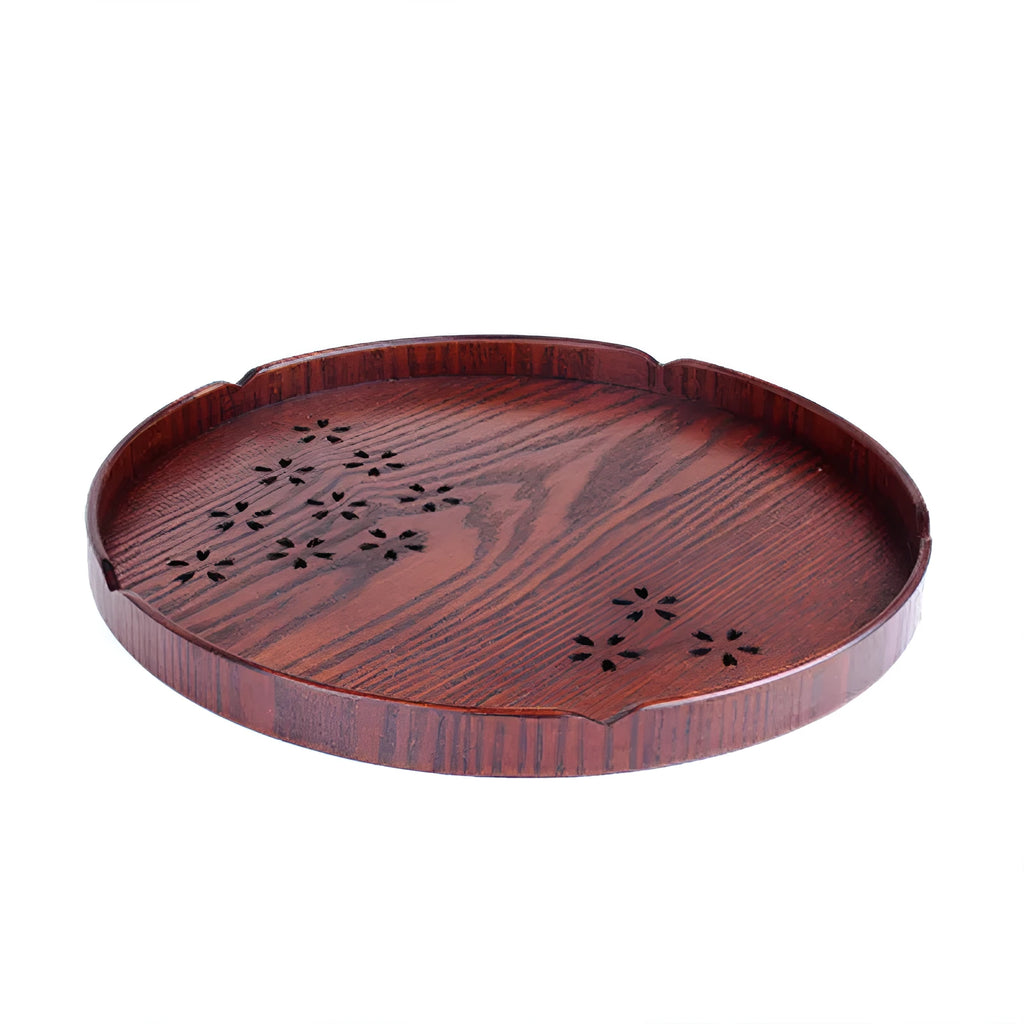 Wooden dessert plate with hollow sakura blossom pattern, 30cm diameter shallow dish