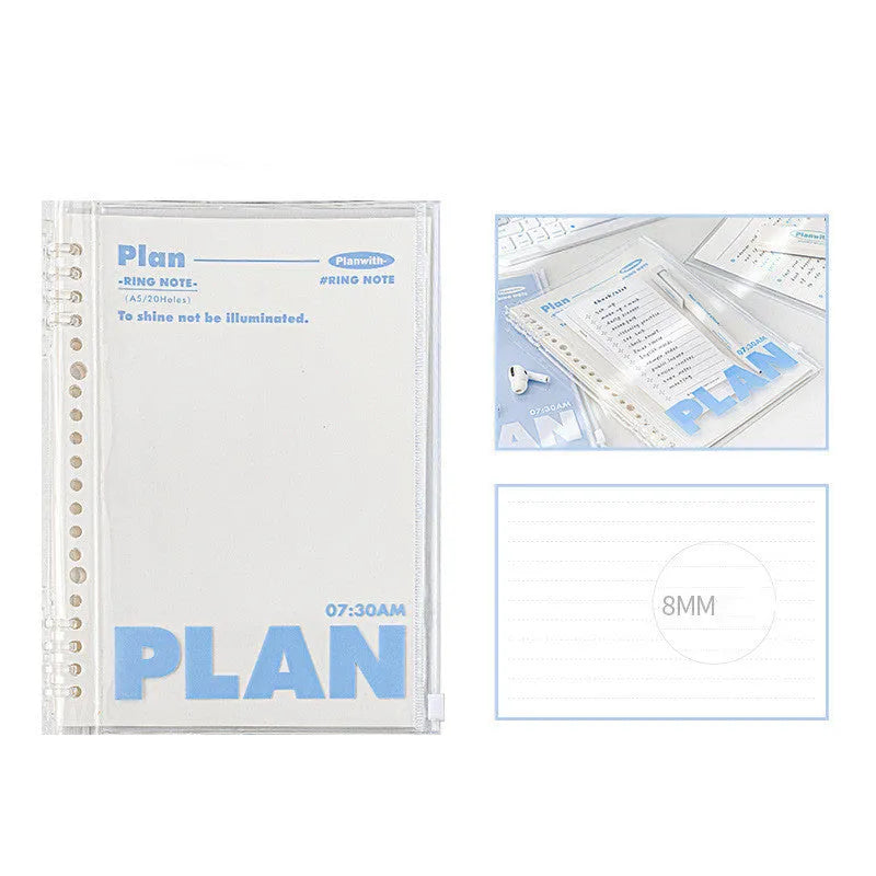 A5 PVC spiral notebook in white or blue colour showing dimensions of 148 x 210mm