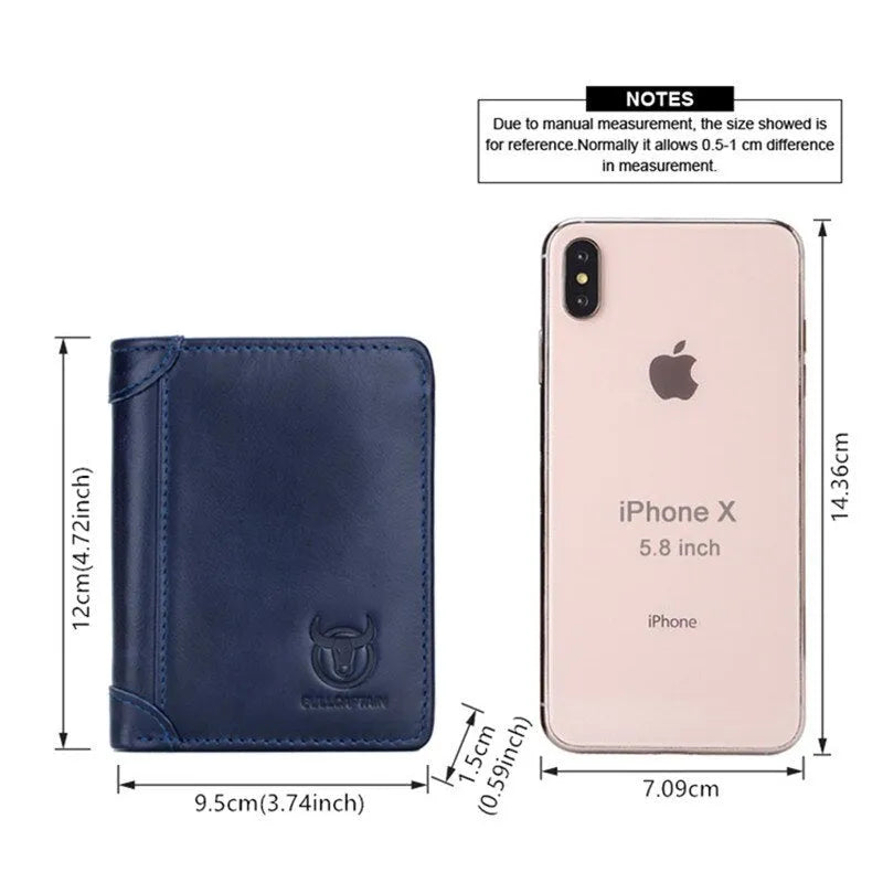 Men's casual bifold leather wallet showing internal compartments including secret slot