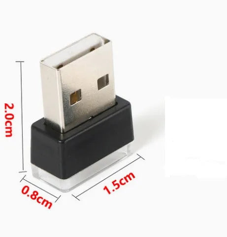 USB car LED night light in white, blue, ice blue, pink purple, red, green, or yellow, PC and LED, 5V 0.034W.