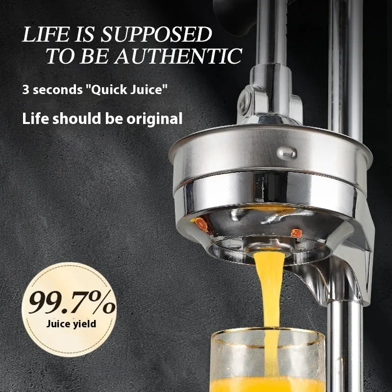 Vertical stainless steel manual juicer shown in multiple colour and head style options for household kitchen use.