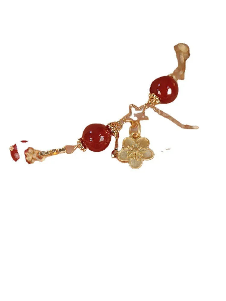 Red agate double layer bracelet with floral and peach blossom decorative elements for women's ethnic jewellery