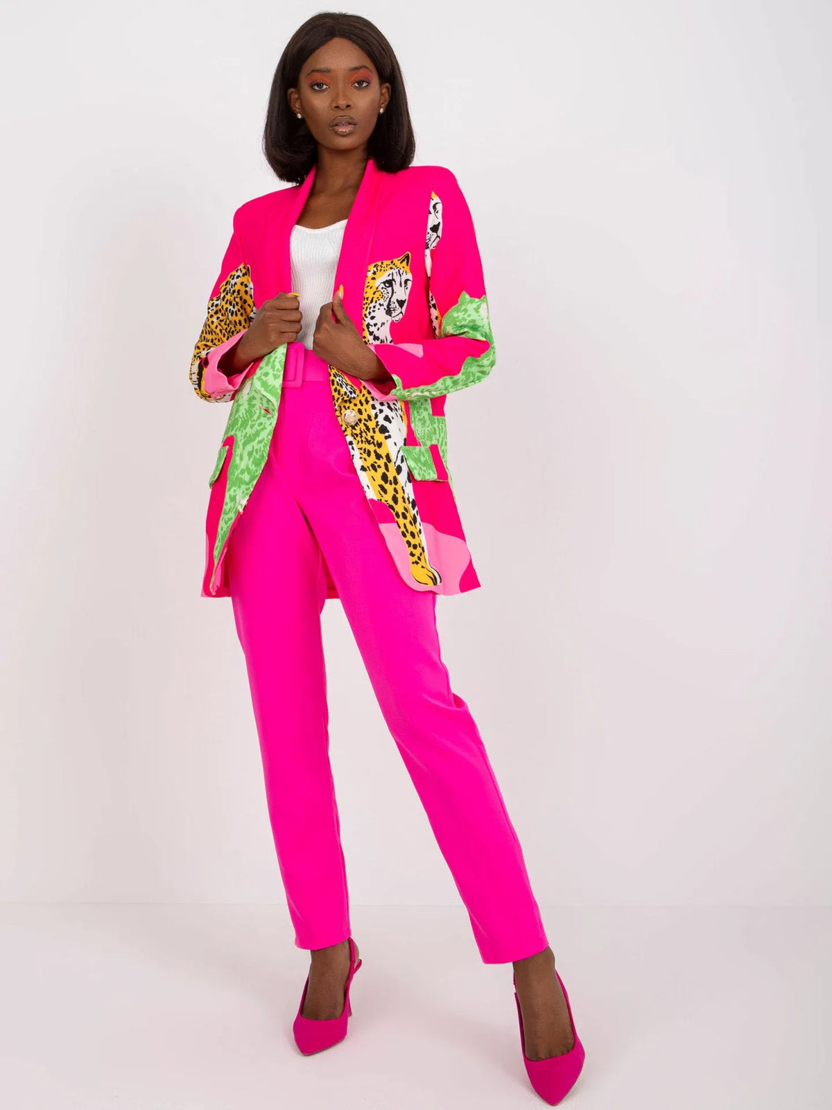Leopard print contrast colour slim fit long suit jacket for women, 65cm medium length, long sleeve, available in black, orange, glittering powder and emerald green.