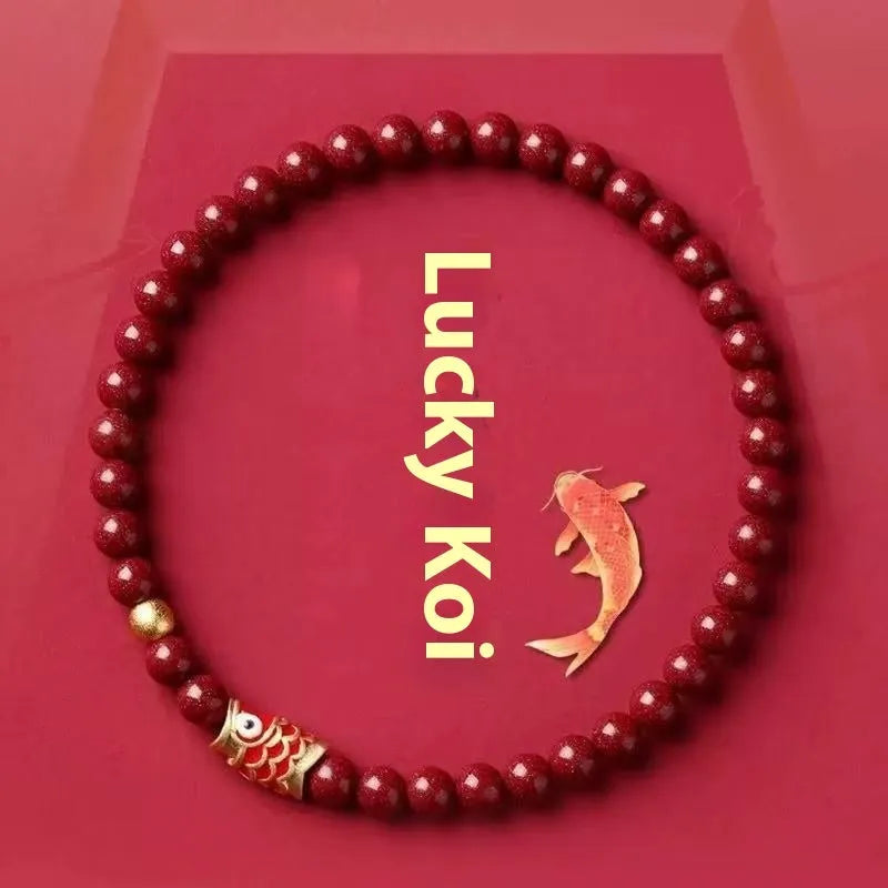 Traditional Chinese cinnabar koi bracelet with natural raw ore materials and golden ball design in 4mm or 6mm sizes