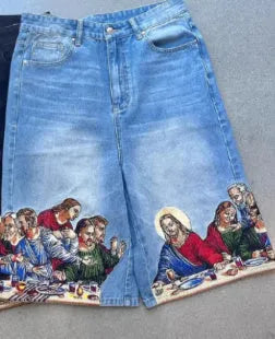Blue tapered men's cotton shorts featuring a Jesus print design on the back pocket.