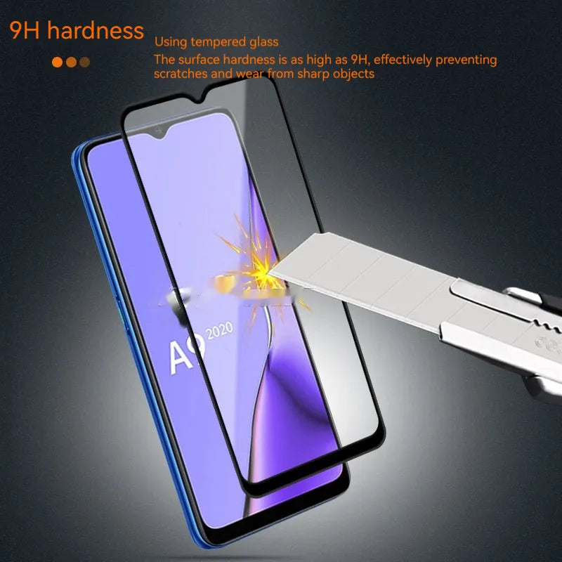 OPPO A9 2020 full screen tempered glass protector with black edges and full glue application